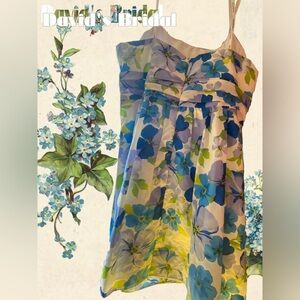 David's Bridal Blue Floral Midi Dress